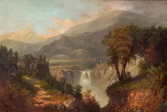 Paul Ritter, A Waterfall in an Extensive Landscape at Sundown, oil on canvas