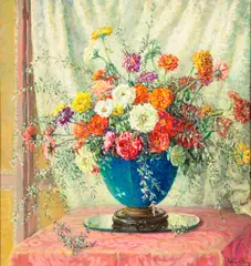 Anna Lee Dey Stacey, Zinnias in a Blue Vase, 1914, oil on masonite