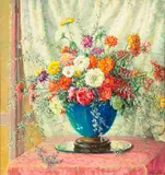Anna Lee Dey Stacey, Zinnias in a Blue Vase, 1914, oil on masonite