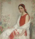 Francis Luis Mora, Seated Women with a White Wrap and a Red Ribbon