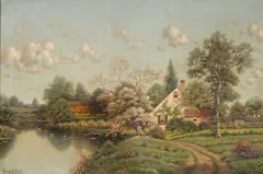 George W. Drew, Old Homestead in the Spring, oil on canvas