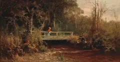 Thomas Hill, Fishing from the Bridge, Lagunitas Creek, oil on canvas