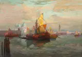 William Frederic Ritschel, Boats in a Canal with Santa Maria della Salute and the Doge's Palace beyond
