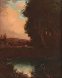 Carl Jonnevold, Sunset Pond with Cattle Resting Beyond