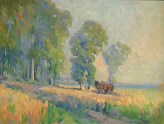 Sargent Claude Johnson, Plow Horses by a Grove of Trees, possibly by the San Francisco Bay, oil on canvas on board