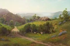 Charles Dorman Robinson, Cattle Grazing among Wildflowers with a View of the Bay, 1919, oil on canvas
