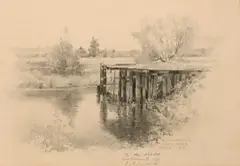 Elbridge Ayer Burbank, Napa River Dock, 1928; View of Napa River with Hills in the Distance, 1930; Trees near San Francisco Bay, 1928; San Ildefonso Indian Homes, 1936, first, second, and third pencil on paper on board; fourth pencil on paper