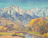 Aaron Edward Kilpatrick, Rugged Mountain Range with Meandering Autumn Stream below (No.467), 1935, oil on canvas