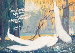 Jessie Arms Botke, Three White Peacocks in an Idyllic Landscape, 1915, gouache, watercolor and gold paint on paper board