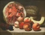 Alvan Fisher, A Still Life with Watermelon and Peaches, oil on canvas on masonite