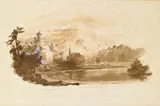 Jasper Francis Cropsey, A Castle with a Gothic Church on the Banks of a River and An Extensive Landscape with Trees and Rocks in the Foreground