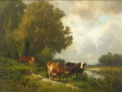 William Hart, Family of Cattle by a Brook, oil on canvas