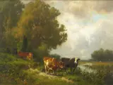 William Hart, Family of Cattle by a Brook, oil on canvas