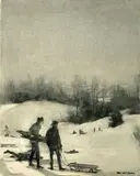 Alice Kent Stoddard, Sledders, black chalk on card