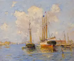 Guy Carleton Wiggins, Sailboats in a Harbor, oil on canvas