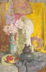 Béla Kontuly, (Hungarian 1904-1983), Still Life with Delphinium, Strawberries, and a Sculpture
