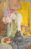 Béla Kontuly, (Hungarian 1904-1983), Still Life with Delphinium, Strawberries, and a Sculpture