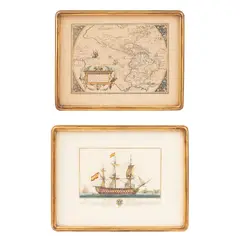 Mapa de América y Navío Español, A) ABRAHAM ORTELIUS (BÉLGICA, 1527 - 1598), Grabado al aguafuerte coloreado sobre papel