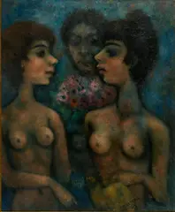 Édouard Goerg, "Trois Chats, trois Femmes", 1949, Öl auf Leinwand