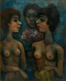 Édouard Goerg, "Trois Chats, trois Femmes", 1949, Öl auf Leinwand