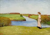 Otto Modersohn, Louise Modersohn-Breling in den Wümmewiesen, 1910, Öl auf Karton