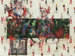 Lilli Elsner, "Amazonenmythos: "... die Götter irrten, sie bezahlten nichts ..." ", 2014, Mischtechnik auf bedrucktem Stoff