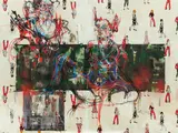 Lilli Elsner, "Amazonenmythos: "... die Götter irrten, sie bezahlten nichts ..." ", 2014, Mischtechnik auf bedrucktem Stoff
