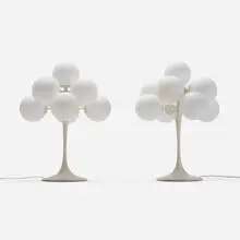 attribution E.R. Nele, Table lamps, pair, c. 1960, enameled aluminum, frosted glass, enameled steel