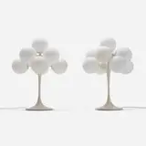 attribution E.R. Nele, Table lamps, pair, c. 1960, enameled aluminum, frosted glass, enameled steel