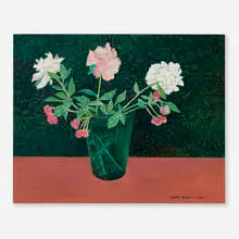Gershon Benjamin, Peonies on Rose Tablecloth, 1977, oil on canvas
