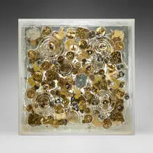 Temps 2 (Mécanismes de montres) by Arman, 1976, accumulation of watch parts on three sheets of Plexiglas, encased in a box, sold Sep 2024
