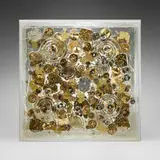 Arman, Temps 2 (Mécanismes de montres), 1976, accumulation of watch parts on three sheets of Plexiglas, encased in a box