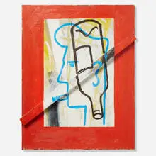 Walter Swennen, Untitled (Fumeur et bottle), 1986, oil on canvas and wood