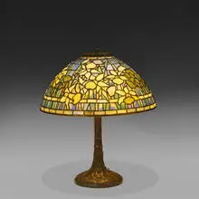 Tiffany Studios, Daffodil table lamp: shade, #1449 on Tree Trunk base, #554