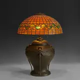 attribution Tiffany Studios, Japanese Acorn table lamp on an associated Dragonfly base