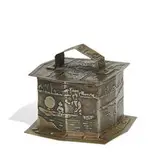 Carence Crafters, riveted inkwell showing a man rowing a boat with two passengers in a serene landscape