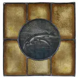 Victorian, stained glass window depicting an underwater scene with sturgeon, seaweed and fishing net