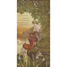 E. Charles Lucas, Art Nouveau Maiden in a Lakeside Landscape with Chestnut Trees, Irises and Dragonflies