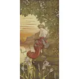 E. Charles Lucas, Art Nouveau Maiden in a Lakeside Landscape with Chestnut Trees, Irises and Dragonflies