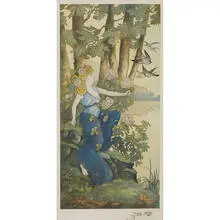 E. Charles Lucas, Art Nouveau Maiden in a Lakeside Landscape of Sycamore Trees, Rhododendron and Flying Swallows