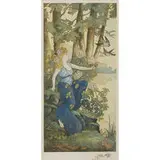 E. Charles Lucas, Art Nouveau Maiden in a Lakeside Landscape of Sycamore Trees, Rhododendron and Flying Swallows