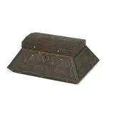 Rectangular jewelry chest having a domed lid and slanted sides with inset cabochon jewels throughout by attribution Alfred-Louis-Achille Daguet, sold Apr 2022