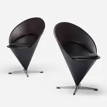 Cone chairs, pair by Verner Panton, 1958, vinyl, chrome-plated steel, sold Apr 2020