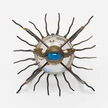 Astrocharger candle holder by Mark Brazier-Jones, c. 1995, enameled steel, frosted glass, brass, glass, sold Apr 2020