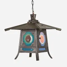 hanging lamp by Frances and Michael Higgins, c. 1950, fused glass, enameled steel, brass, sold Apr 2020
