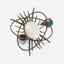 Astrocharger candle holder by Mark Brazier-Jones, c. 1995, enameled steel, frosted glass, brass, glass, sold Apr 2020