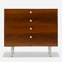 Thin Edge cabinet, model 5202 by George Nelson & Associates, 1955, rosewood, aluminum, glazed porcelain, enameled aluminum, sold Apr 2020