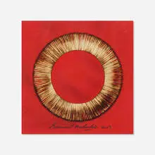 Dessin de Feu sur table rouge by Bernard Aubertin, 2009, burnt matchsticks on painted wood, sold Apr 2020