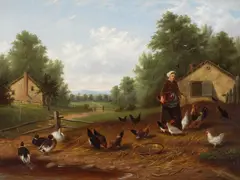 Howard L. Hill, A Farm Scene with Ducks and Chickens, oil on canvas