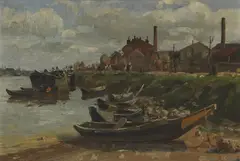 William P Phelps, Boats Moored along a Riverbank, oil on canvas on board